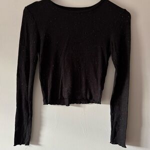 Women’s American Eagle Crop X-Small Black Polka Dot Lettuce Hem Long Sleeve